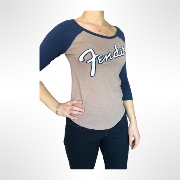 Lucky Brand Tops - Fender Women's‎ Blue and Tan Raglan Top by Lucky Brand size medium